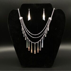 METAL Triple Strand Silver Tone Necklace & Earrings Set NWOT